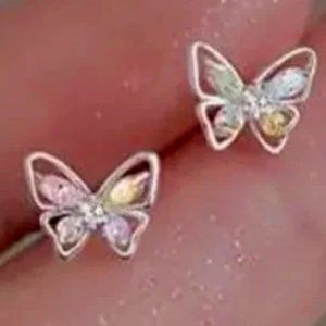 NEW Sparkling Rainbow Rhinestones Silver Color Stud / Post Butterfly Earrings